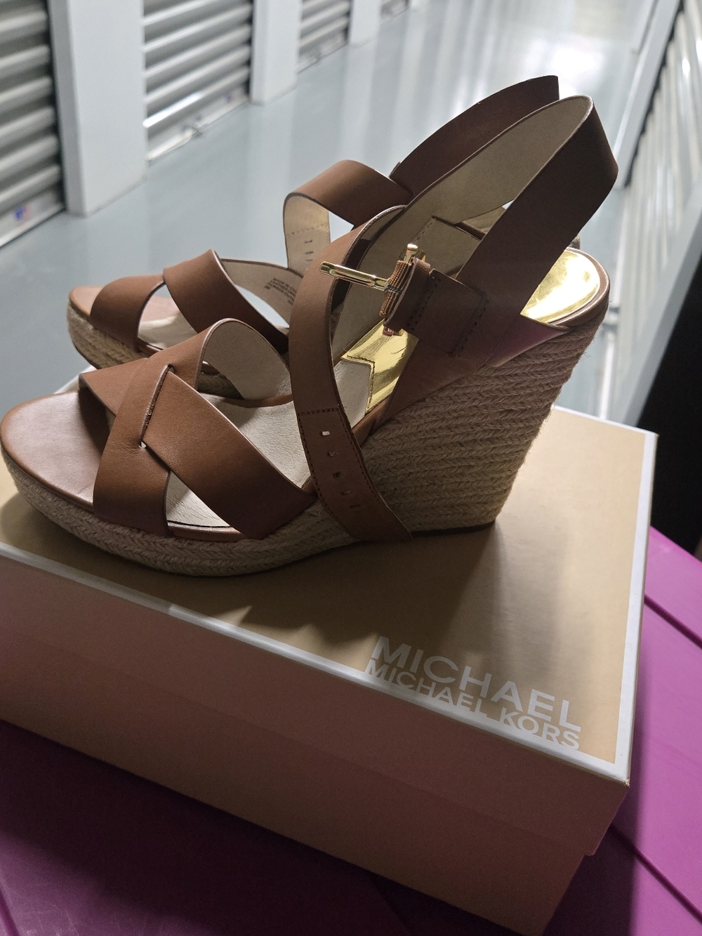 Michael Kors Tan Leather Sandals With Espadrille Wedge US 8
